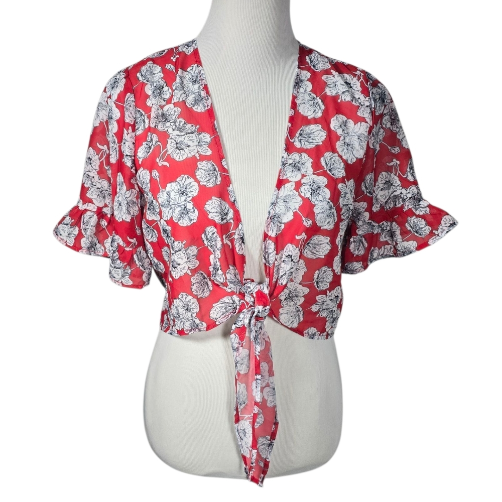 Shein Medium Red White Black Floral Tie-Front Short Top